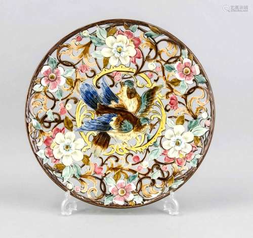 Large wall plate, 20th century, ceramic, bird between flower tendrils, open