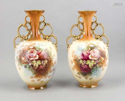 Pair of Vases, England, c. 1900, ceramics, bell-shaped, highly open handles