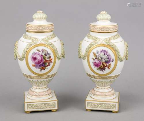 Pair of Lid Vases, KPM Berlin, stamp 1870-1945, 1st choice, square base on