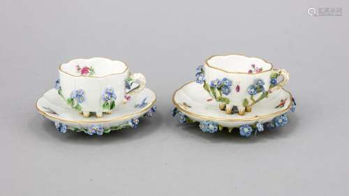 Two cups with saucer, Meissen, stamps 1850-1924, 1st choice, branch feet an