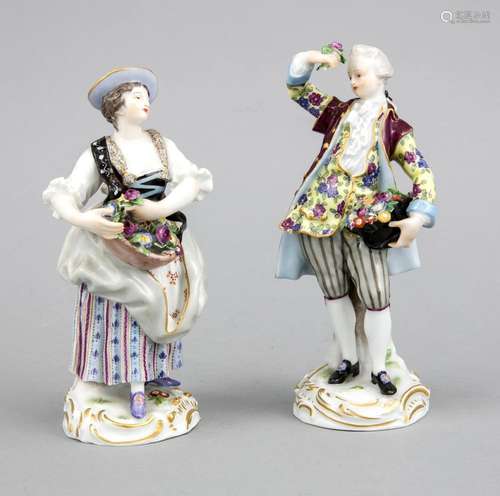 2 figures as a gardener pair, Meissen, around 1900, gallant gentleman and l