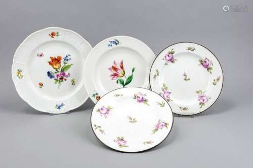 Four plates, Meissen, plate with flower painting, form Ozier, brand 1850-19