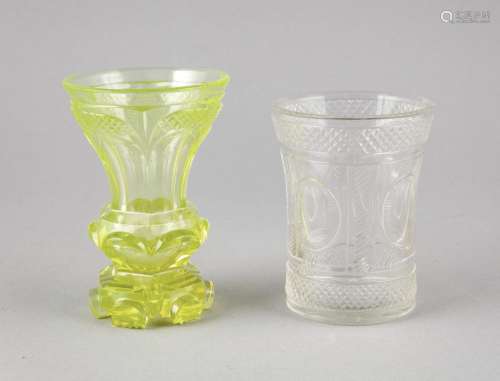 Two beakers, mid-19th century, various shapes and sizes, 1 clear glass, 1 y