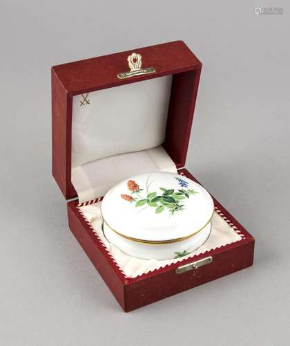 Runde Deckeldose, Meissen, Marke 1957-72, 1. W., polychrome Malerei mit Wie