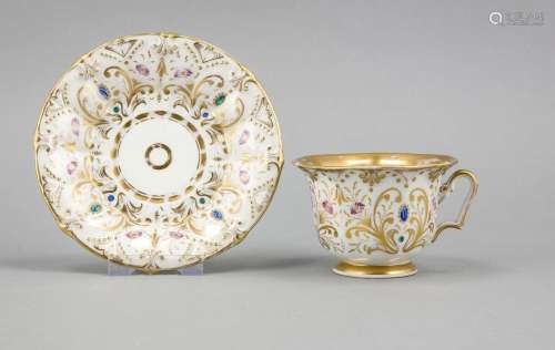 Historicism cup with saucer, w. Silesia, 19th century, polygonal shape, tws