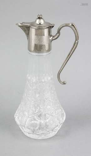 Carafe, 20th century, mounting plated, hinged lid, glass body with relief d