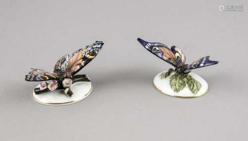 2 Schmetterlinge, Rosenthal um 1920, polychrome Bemalung mit Astwerk und pl