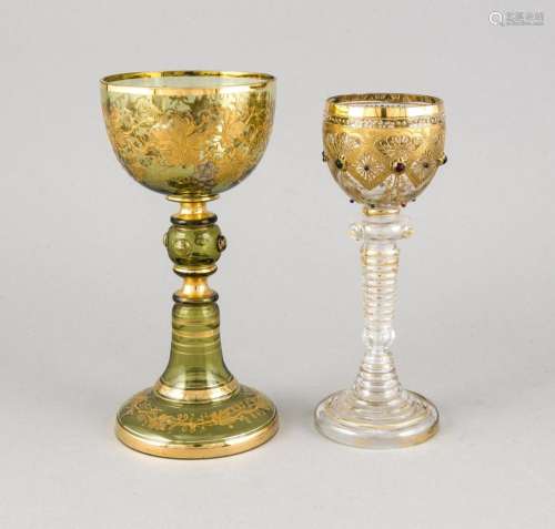 Two wine glasses, 20th century, 1 with trumpet-shaped stand, merging into t