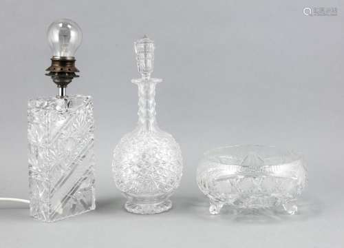 Lampe, Karaffe mit Stöpsel, Obstschale, 20. Jh., Kristallglas, bis 34 cm