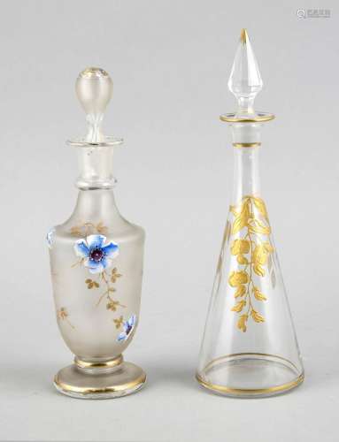 Two liqueur carafes, 20th cent., complete with stopper, clear glass, 1x fro