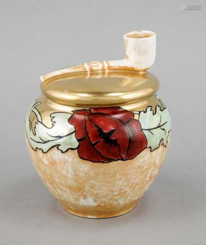 Tobacco pot, France 20th cent., Pearlescent glaze with floral decoration, l
