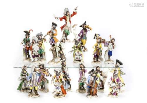 Complete monkey band, 22-part, 21 monkeys and 1 music stand, Meissen, stamp
