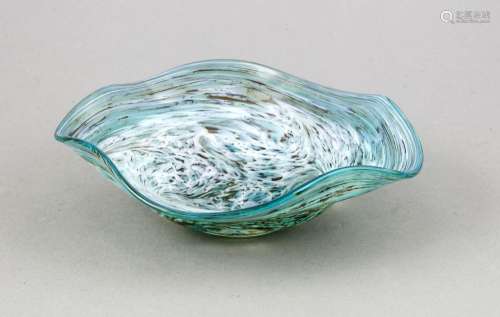 Round bowl, Murano, 20th cent., round base, curved body, bluish glass with