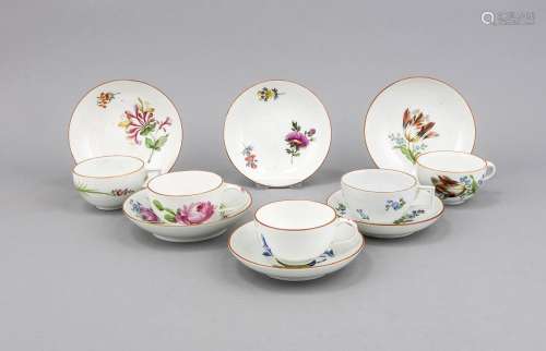 Five cups with 6 saucers, Meissen, Marcolini stamp 1774-1817, polychrome pa