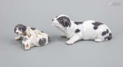 Two figures, Royal Copenhagen, Denmark, Playing Pointer puppies, mark 1975-