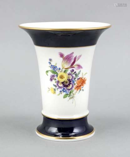 Trumpet Vase, Meissen, 1950s, 3rd quality, polychrome floral painting, cove