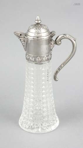 Carafe, 20th cent., mounting plated, hinged lid, relief decoration, glass b