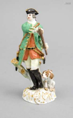 Figure, Meissen, 20th century, 2nd quality, Hunter with dog, polychrome pai