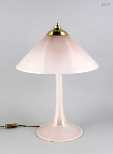 Table lamp, 20th century, round base, slim shaft, pink glass, brass mountin
