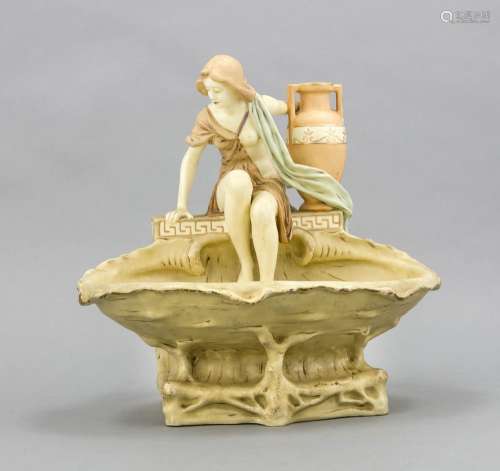 Art Nouveau bowl with sitting girl, design Hampel, verso signed, executed b