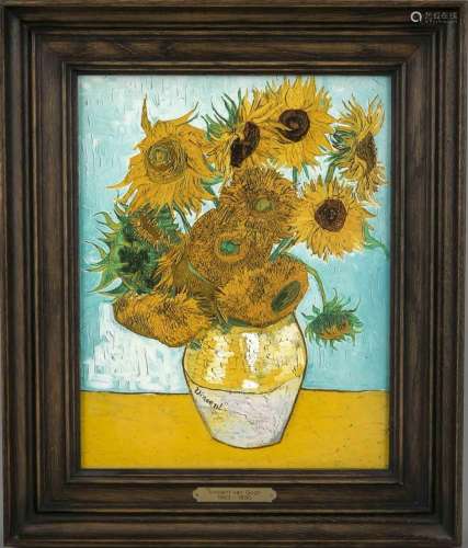 Picture tile, Delft, 1990, 'Sunflowers' by Van Gogh, on the 100th anniversa