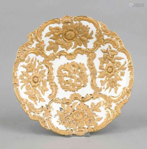 Pompous plate, Meissen, after 1950, 1st quality, white, flower reliefs in t