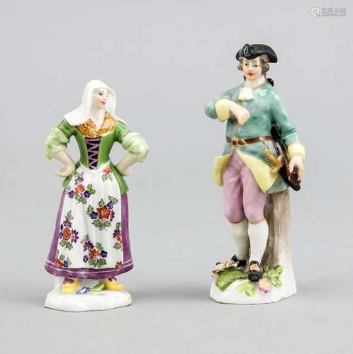 2 miniature figures, Meissen, pommel sword about 1880, young traditional co