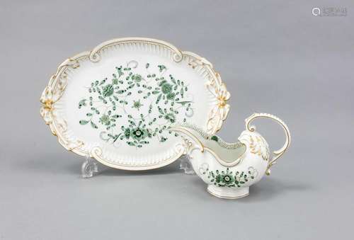 Tablett und Sauciere, Meissen, Marken 1950-80, 1. W., Dekor Indisch Grün, z