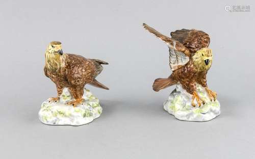 Two eagle figures, 20th century, standing and flying eagle on a rock base,