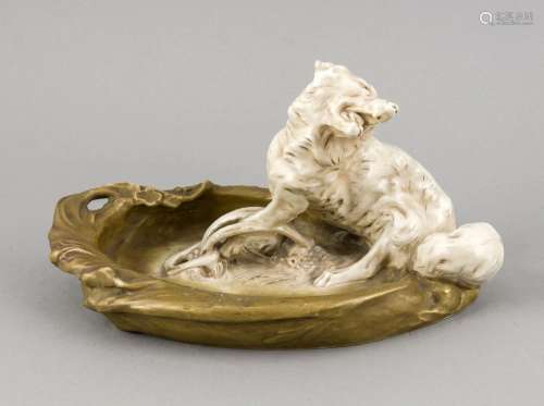Figural bowl, Royal Dux, Bohemia 20th century, oval bowl with fox clamped i