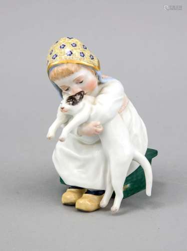 Child with cat in the arm, Meissen, after 1973, 1st W., designed by Konrad