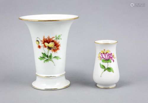 Two Vases, Meissen, Trumpet Vase, Mark 1850-1924, 2nd quality, polychrome p