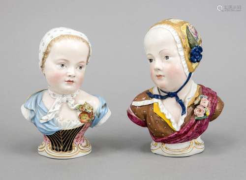 2 large busts, Meissen, around 1900, design: Kändler, two girls with hoods,