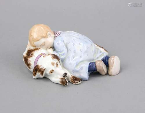 Child, sleeping on a dog, Meissen, annual press stamp for 2002, 1st choice,