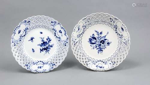 Two perforated plates, Meissen, blue flowers and insects in aquatint blue,
