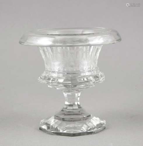 Round bowl, around 1900, polygonal stand, short shaft, clear glass with all