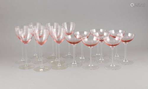Set of 12 liqueur and 15 port wine glasses, 20th century, clear and rose-co