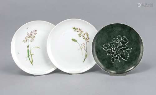 Three plates, Nymphenburg, brand 1925-75, smooth form, 2 plates with polych
