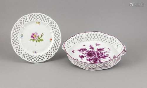 Two breakthrough pieces, Nymphenburg, 1925-79, perforated plate, polychrome