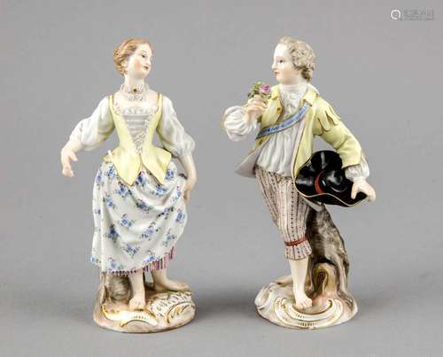 2 Figuren, Meissen, Knaufschwerter um 1880, 1. Wahl, Kavalier und Dame, fei