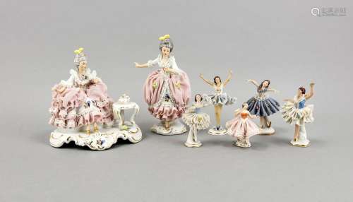 Seven porcelain figures, Sandizell, Bavaria, 20th century, after Dresden mo