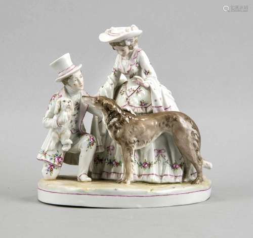 Figure group, 20th cent., Elegant couple in rococo dress with Borsoi and Pe