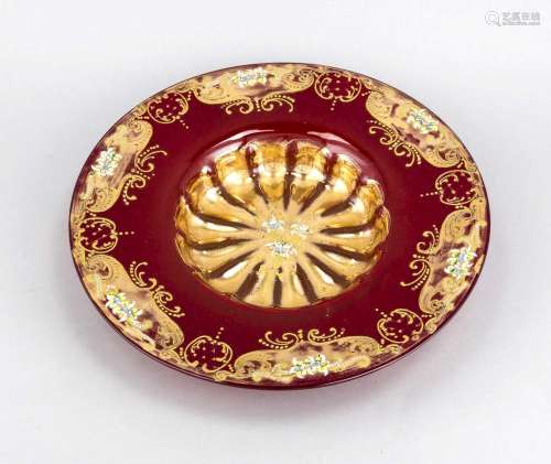 Round bowl, 20th cent., red glass with rich gold decoration and polychrome