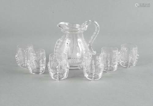 Glass set, 7 pieces, around 1900, consisting of jug and 6 beakers, partiall