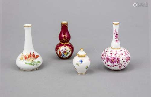 Four miniature vases, Meissen, brand 1850-1924, 1st choice, various forms,