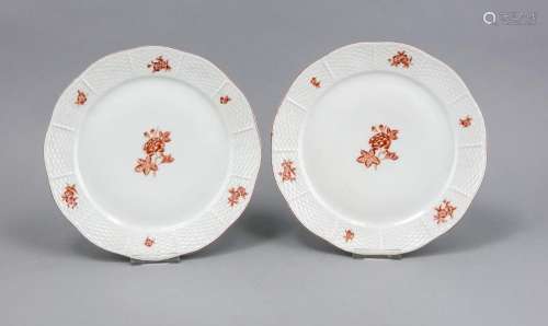 Two dinner plates, Herend, 1944, Ozier shape, floral decoration and rim in