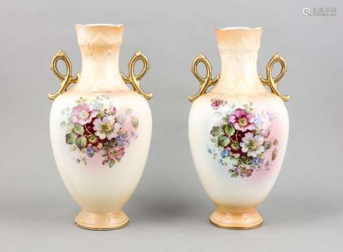 Pair of vases, 20th century, bulbous form, with polychrome flower painting,