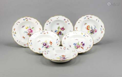 Six soup plates, Meissen, mark 1850-1924, 1st quality, shape New Cut, polyc
