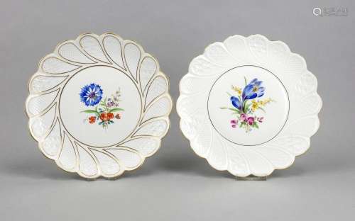 Two plates, Meissen, fan-shaped flag, relief surface, flower painting, 1 pl