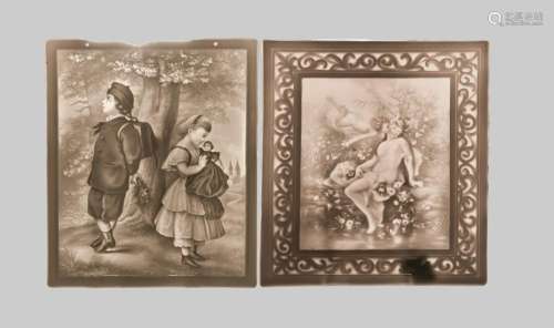 Two lithophane plaques, Plaue, Thuringia, white, nymph with putto on the sh